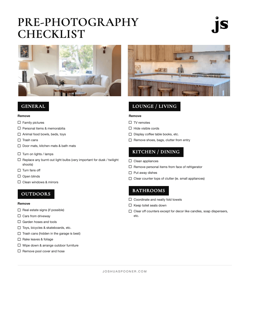 Preview of the Pre-Photography Checklist PDF by Joshua Spooner Photography